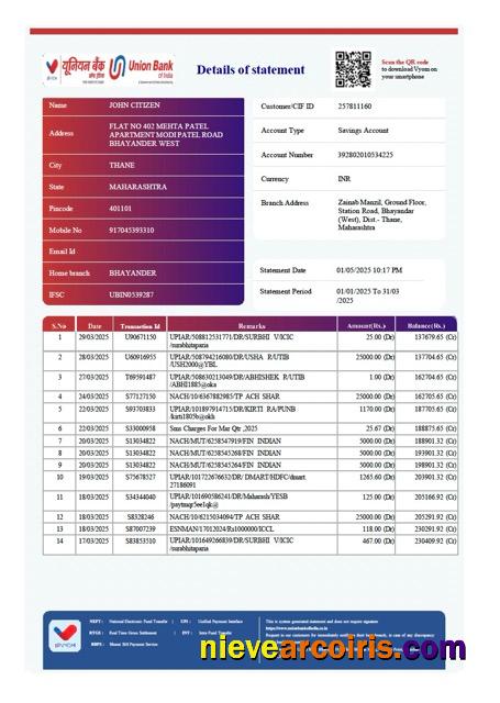 India Union Bank of India account statement Word and PDF, version 3